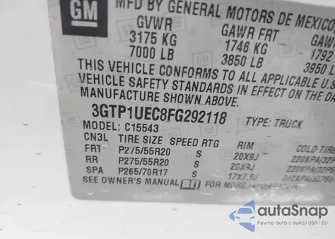2015 GMC Sierra 1500 Sle from USA, damaged, VIN 3GTP1UEC8FG292118